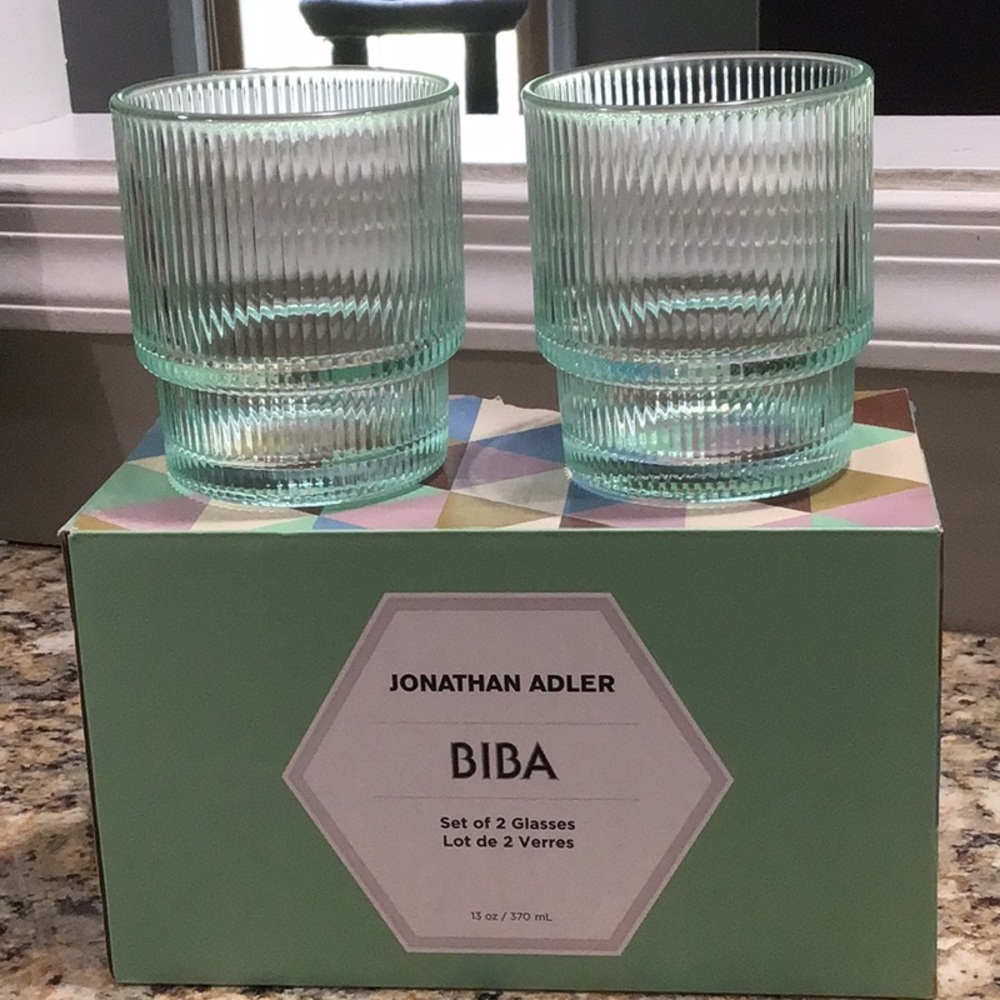NEW JONATHAN ADLER BIBA Ribbed Glasses SET OF 2 green glass